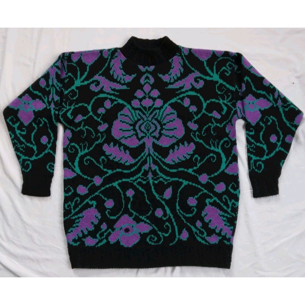 Vintage Carriage Court Sweater Black Purple Blue Scroll Retro Women's Large - Picture 1 of 12
